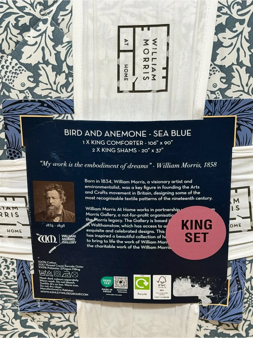 William Morris Bird and Anemone King Comforter in Sea Blue